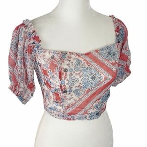 Revolve Tularosa Ashby Bow Tie Back Crop Top Bandana Scarf Paisley Blue Coral